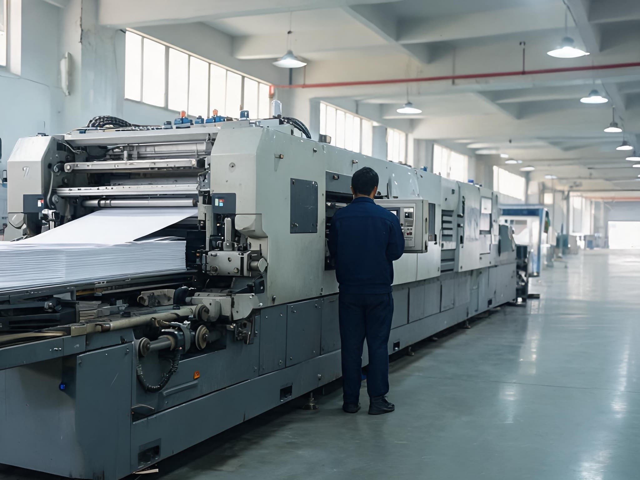 Operator at the control panel of a large automatic die-cutting machine feeding white board on our packaging production floor