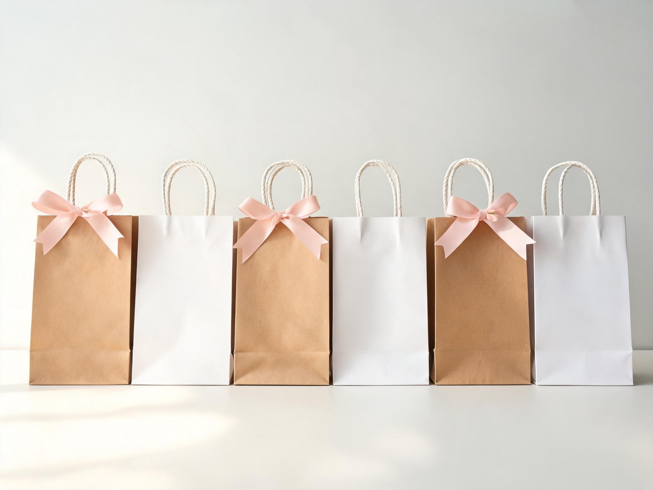 Row of kraft and white paper shopping bags with satin bows