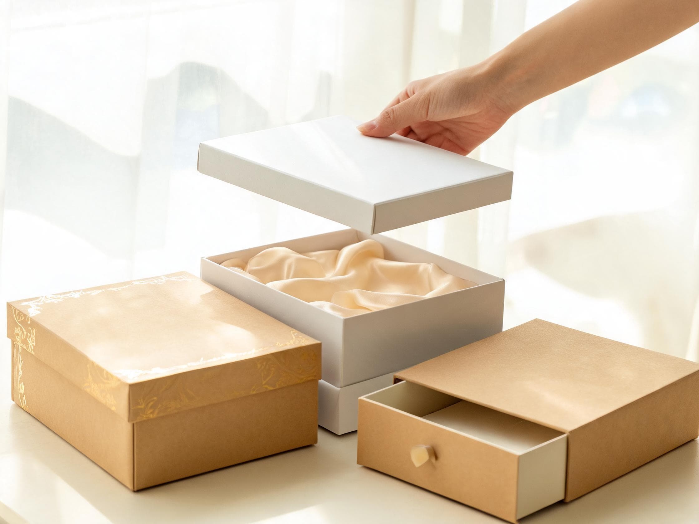 White rigid gift box with satin lining beside gold-foil boxes