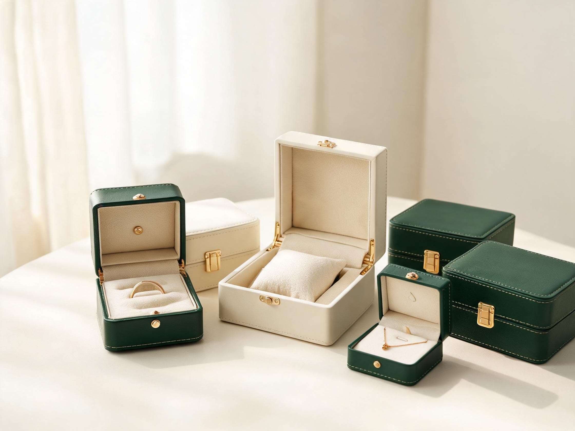 Assorted jewelry boxes with velvet-lined lids open