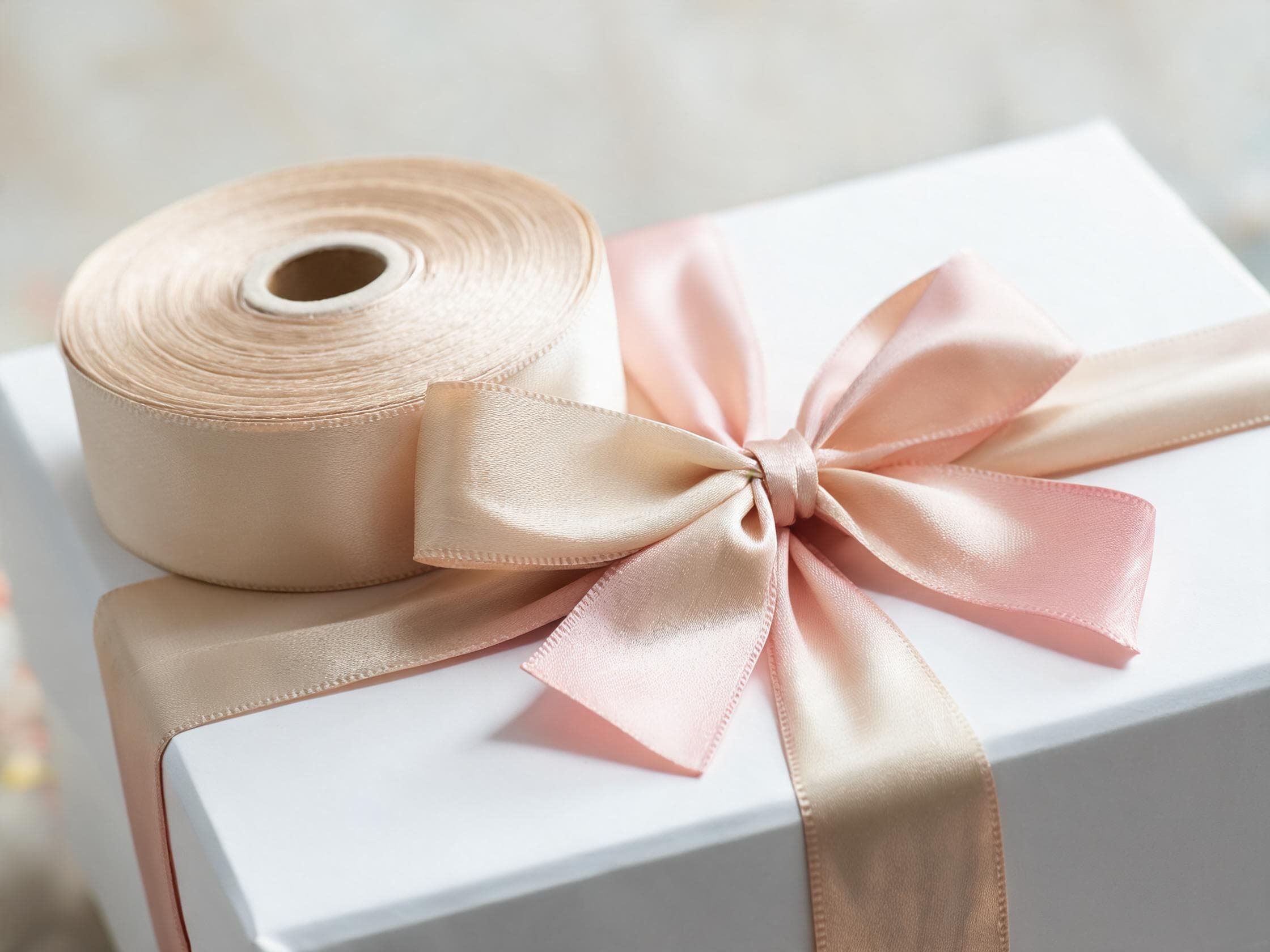 Satin ribbon roll with a blush bow on a white gift box