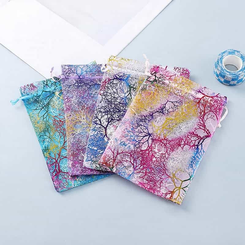 Coral Foil Drawstring Gift Bag — Sheer Organza Jewellery & Favour Pouch